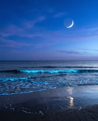 Crescent Moon Over Bioluminescent Ocean Waves