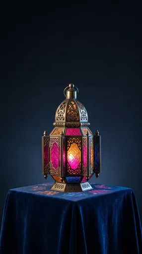 Glowing Moroccan Lantern on Blue Velvet