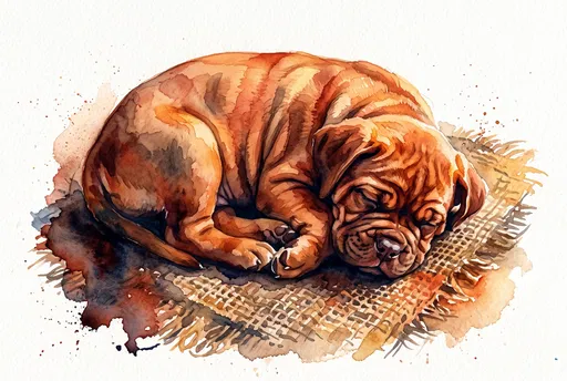 Watercolor Sleeping Dogue de Bordeaux Puppy