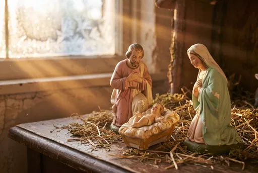 Vintage Pastel Christmas Nativity Set in Sunlight