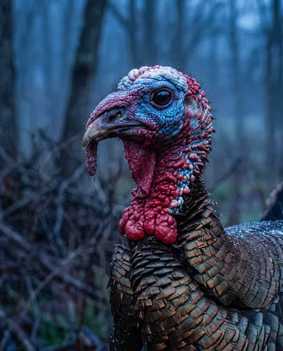 Wild Turkey Portrait in Blue Forest
