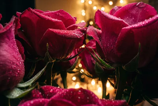 Dewy Red Roses With Warm Bokeh