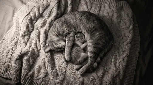Mother Cat Embracing Sleeping Kitten