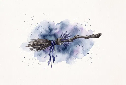 Watercolor Witch Broomstick With Lavender