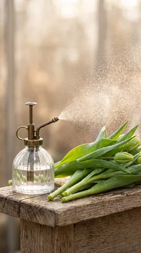 Glass Plant Mister Spraying Fresh Green Tulips