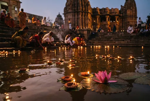 Pink Lotus and Floating Lamps at Temple