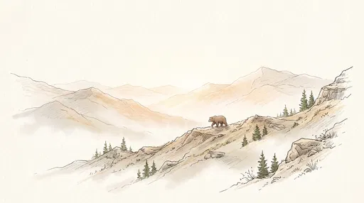 Minimalist Bear Walking on Mountain Ridge Illustration