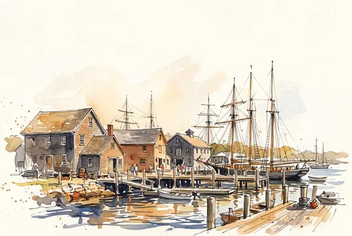 Watercolor Illustration of Historic Seaport Harbor