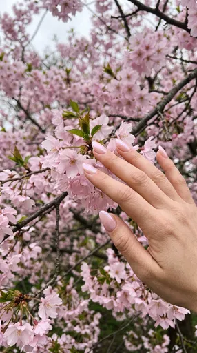 Hand With Pearlescent Pink Nails And Blossoms