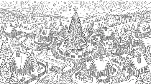 Winter Village Christmas Tree Coloring Page