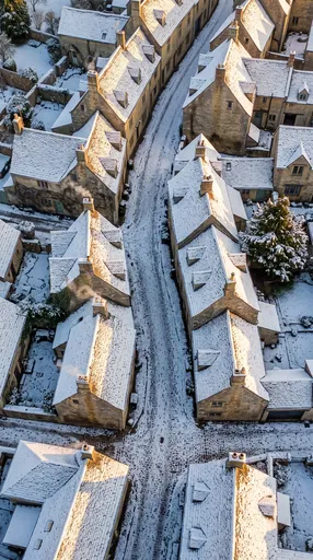 Aerial View of Snowy European Village Lane