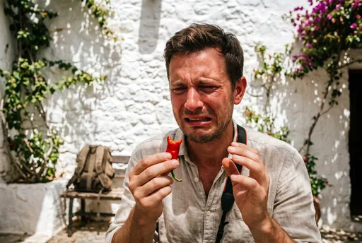 Traveler Grimacing From Spicy Red Chili Pepper