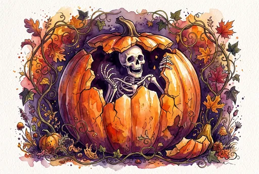Watercolor Skeleton Emerging From Cracked Pumpkin