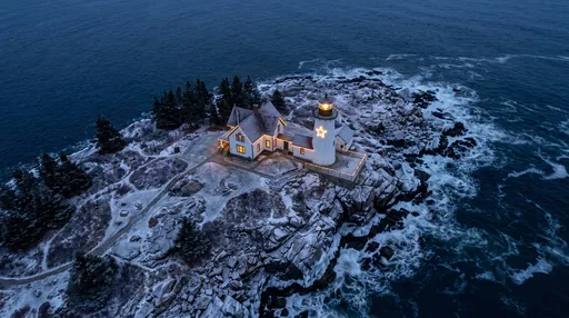 Aerial Winter Lighthouse With Christmas Lights