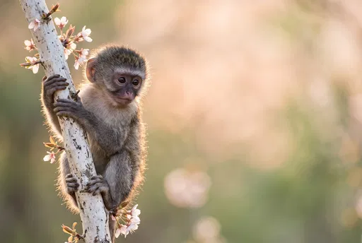Baby Vervet Monkey on Blossoming Branch