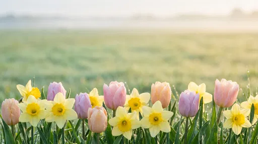 Dewy Daffodils and Tulips in Morning Meadow