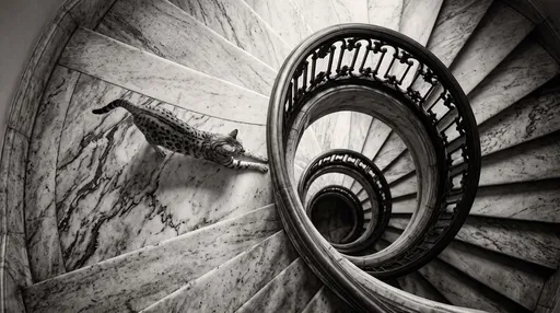 Spotted Cat Stretching on Marble Spiral Staircase