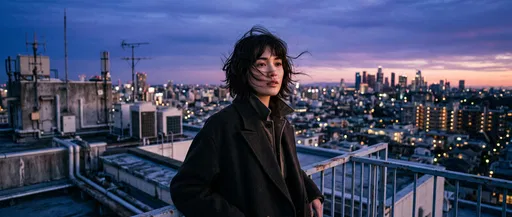 Woman on Urban Rooftop at Dusk