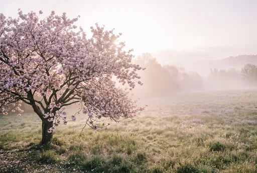 Blooming Cherry Tree in Misty Meadow
