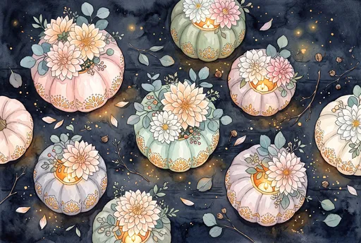 Pastel Pumpkin Floral Lanterns Watercolor Illustration