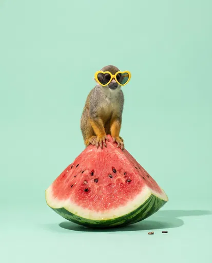 Squirrel Monkey in Sunglasses on Watermelon