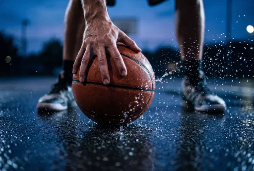 Basketball Gripped on Wet Court at Dusk