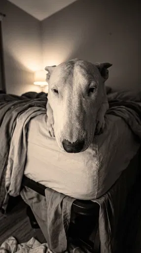 Bull Terrier Peering Over Bed Edge
