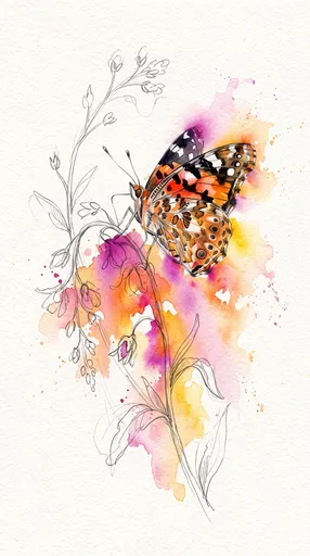 Watercolor Butterfly On Sketched Wildflower Stem