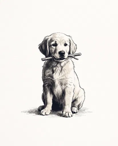 Ink Illustration of Golden Retriever Puppy with Stick