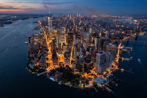 Aerial View of Lower Manhattan at Dusk