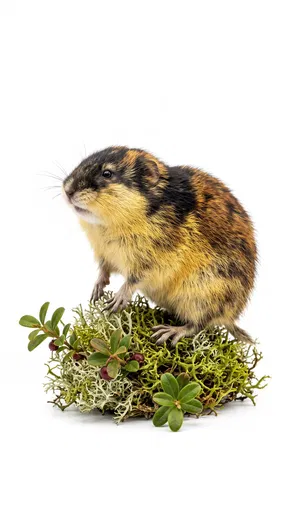 Norwegian Lemming on Moss Isolated on White