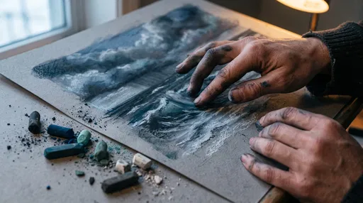 Artist Hands Blending Pastel Seascape Drawing
