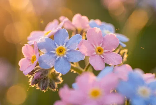 Macro Pastel Pink and Blue Myosotis Flowers