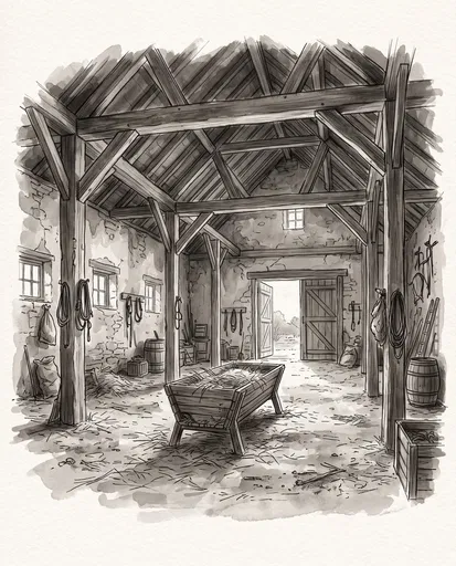 Monochrome Watercolor Illustration of Rustic Stable