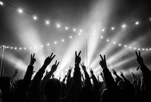 Silhouetted Crowd Making Peace Signs at Night