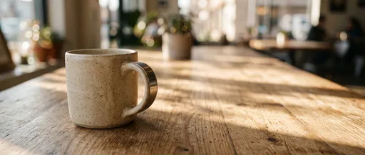 Ceramic Coffee Mug on Sunlit Cafe Table