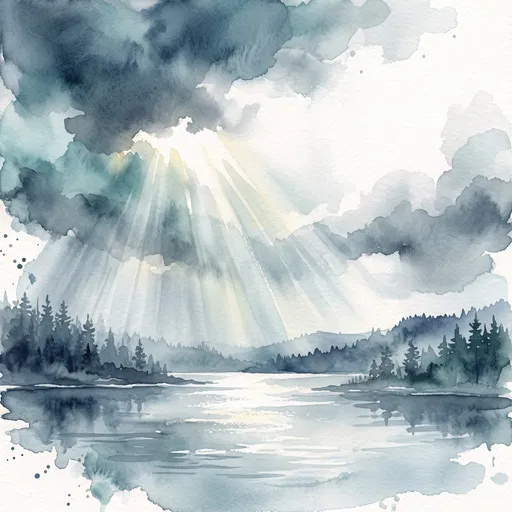 Watercolor Lake Landscape With Sunlight Rays