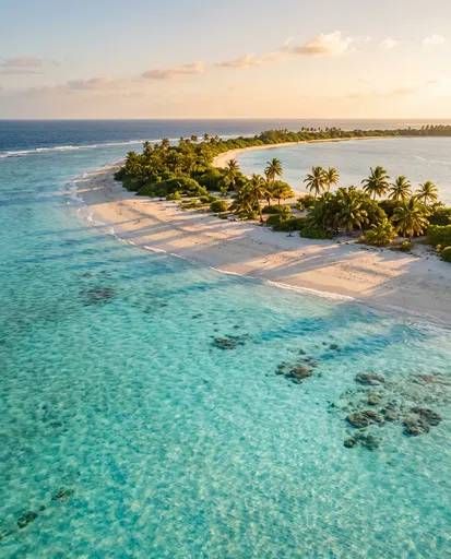 Golden Hour Aerial View of Tropical Atoll