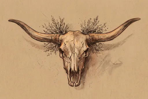 Longhorn Bull Skull Drawing on Kraft Paper