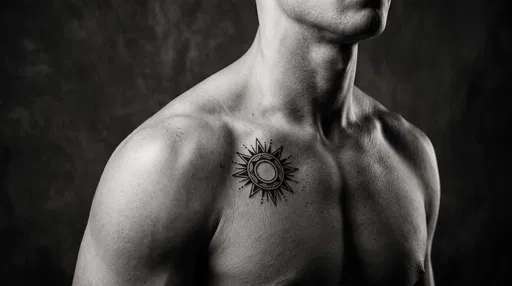 Monochrome Man With Geometric Sun Tattoo