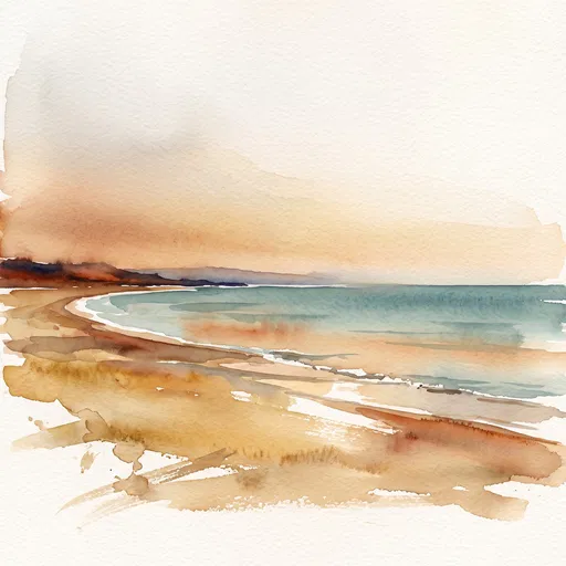 Watercolor Coastal Beach Landscape at Dusk