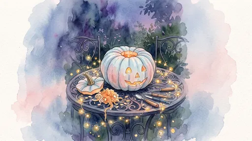Watercolor Pastel Pumpkin on Garden Table