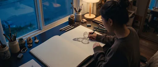 Woman Sketching Butterfly at Desk in Evening