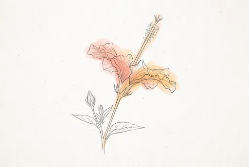 Minimalist Hibiscus Line Drawing with Watercolor Wash