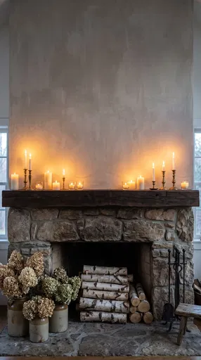Rustic Stone Fireplace With Lit Candles