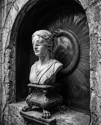 Blindfolded Marble Bust With Ouroboros