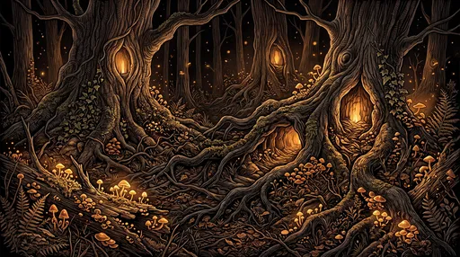 Glowing Enchanted Forest Scratchboard Illustration