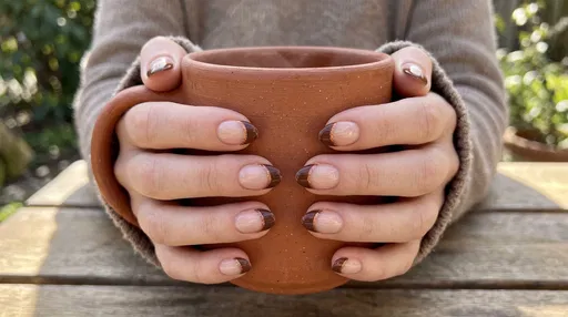 Hands Holding Terracotta Mug With Brown Manicure