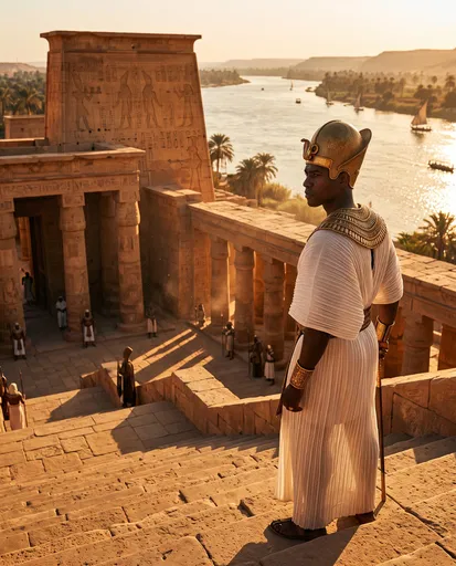 Nubian Pharaoh Overlooking Temple and Nile River