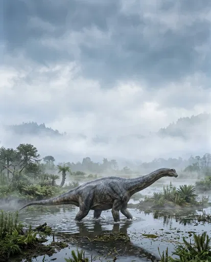Brontosaurus Wading in Misty Prehistoric Swamp